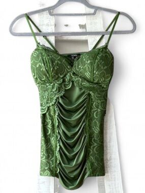 XOXO Olive Green Lace Ruched Tank Top